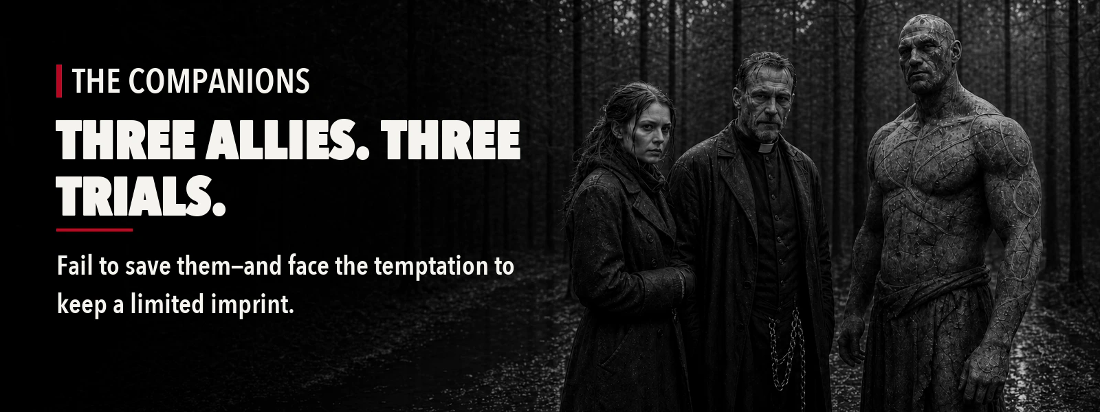 Eliza, Marek, and Karel stand in a rain-darkened forest.