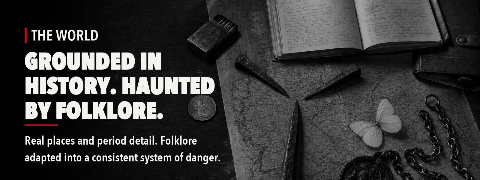An investigator’s desk holds folklore evidence and three blackened nails.
