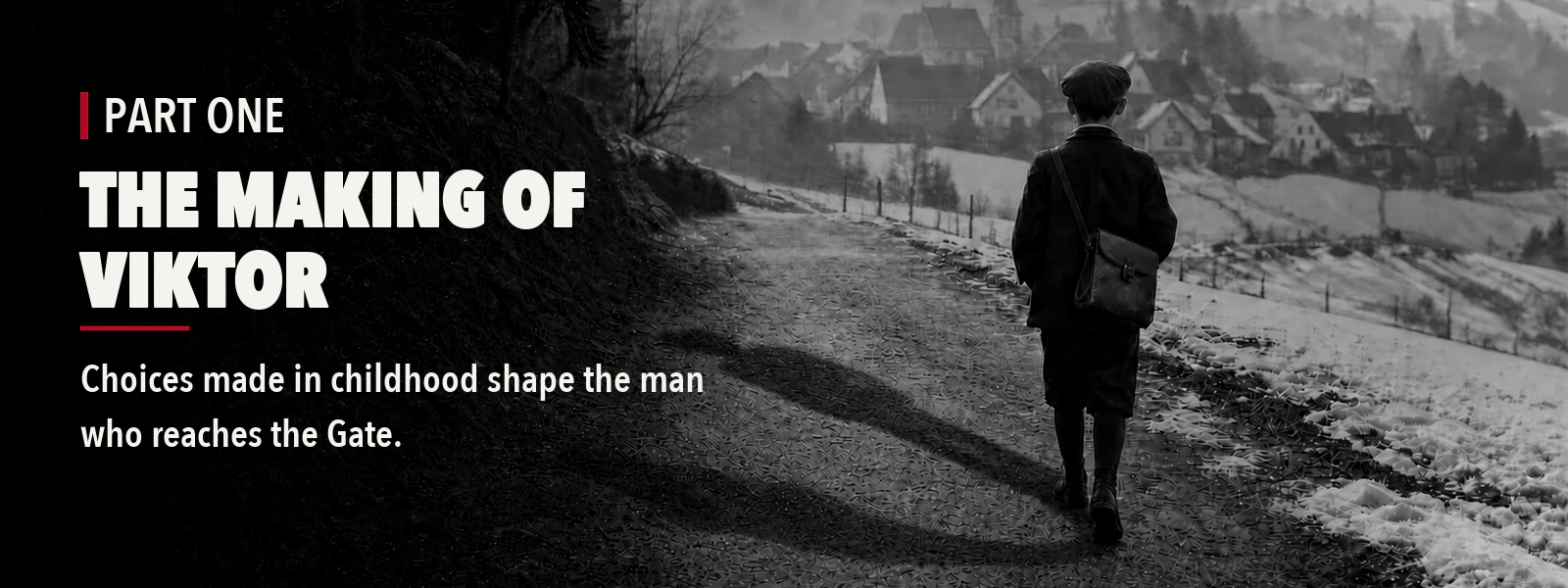 Viktor in a snow-covered Swiss village, with two shadows diverging from his feet.